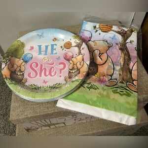 Winnie The Pooh Gender Reveal Party Paper Plates & Table Cover - Pink & Blue